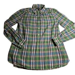J Crew Women's Plaid Long Sleeve Button Up Shirt Tunic Green 2 Christmas
